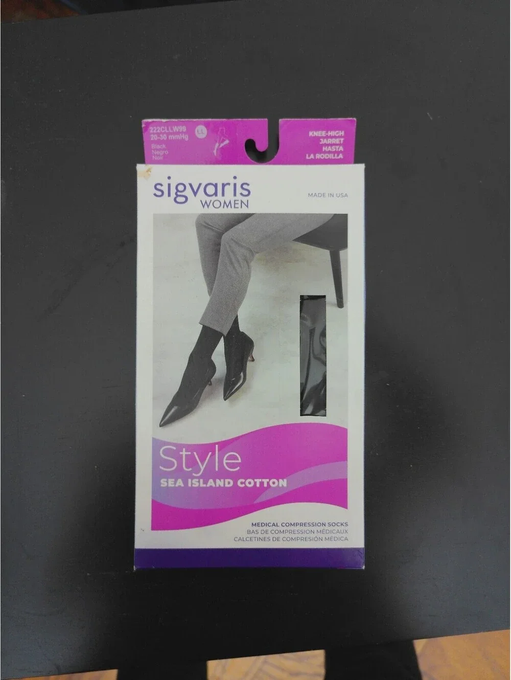 Sigvaris Women Knee High Compression Socks 20-30 mmHg Sea Island Cotton LL Black
